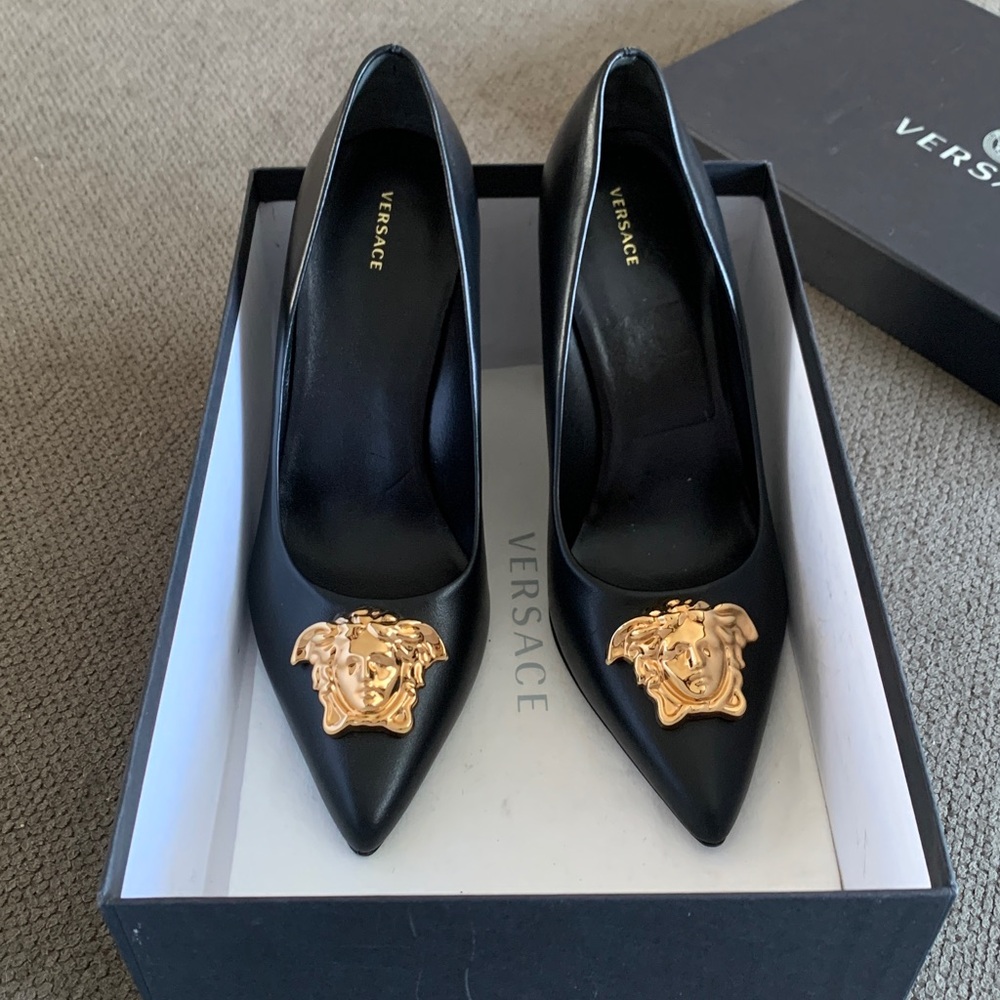 Versace Black Pumps with Gold Medusa Accent - Picture 4 of 6